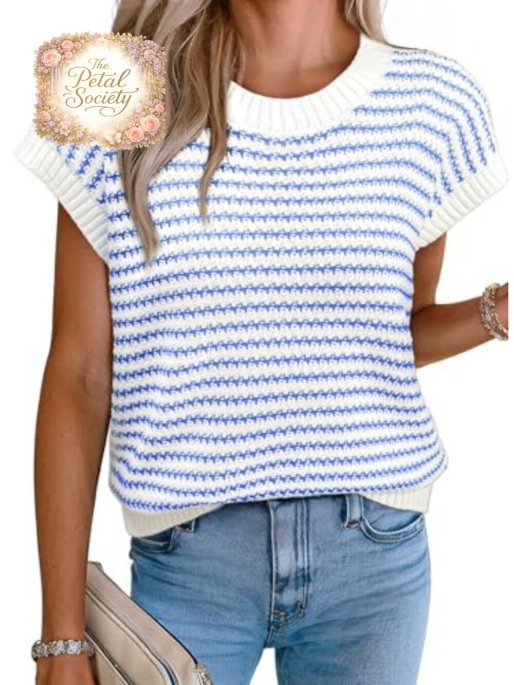 Striped Cap Sleeve Sweater Vest Round Neck Tank Top